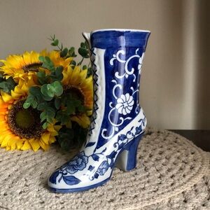 Blue and White Ceramic Victorian Boot Vase